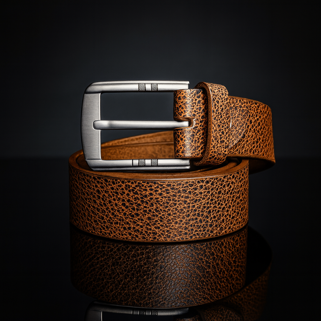 Vintage Pebbled Leather Men’s Belt – Brushed Silver Buckle (Tan/Brown)