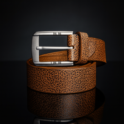 Vintage Pebbled Leather Men’s Belt – Brushed Silver Buckle (Tan/Brown)