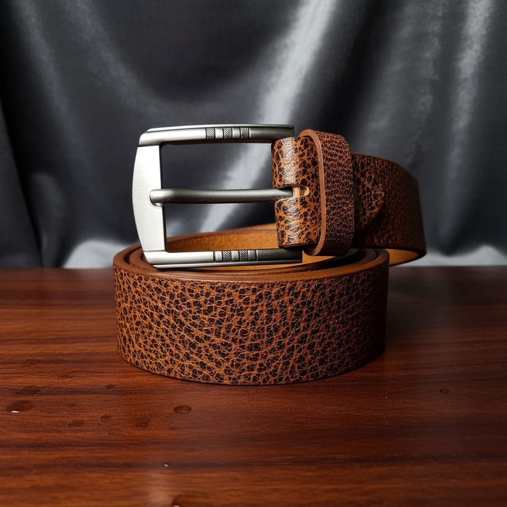 Vintage Pebbled Leather Men’s Belt – Brushed Silver Buckle (Tan/Brown)