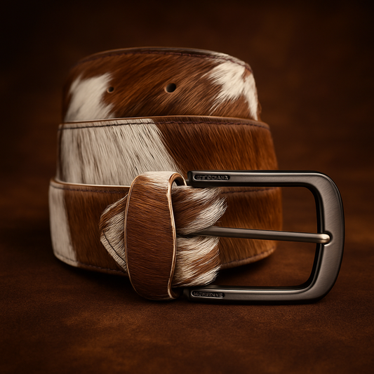 Hair-On Cowhide Leather Belt – Brushed Gunmetal Buckle (Brown & White)