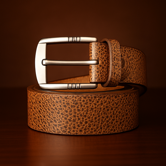 Vintage Pebbled Leather Men’s Belt – Brushed Silver Buckle (Tan/Brown)