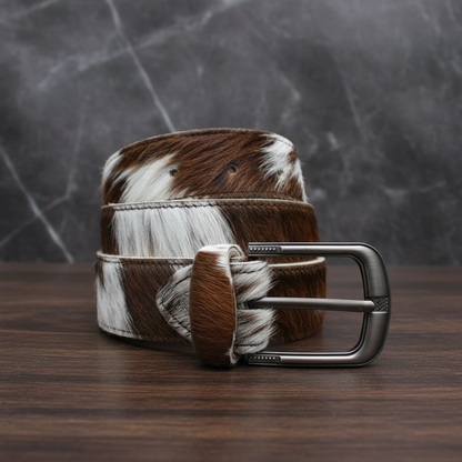 Hair-On Cowhide Leather Belt – Brushed Gunmetal Buckle (Brown & White)