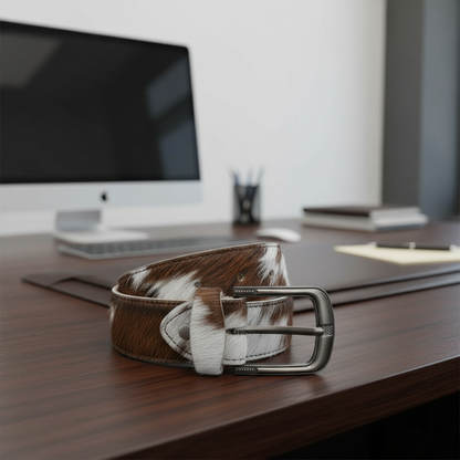 Hair-On Cowhide Leather Belt – Brushed Gunmetal Buckle (Brown & White)